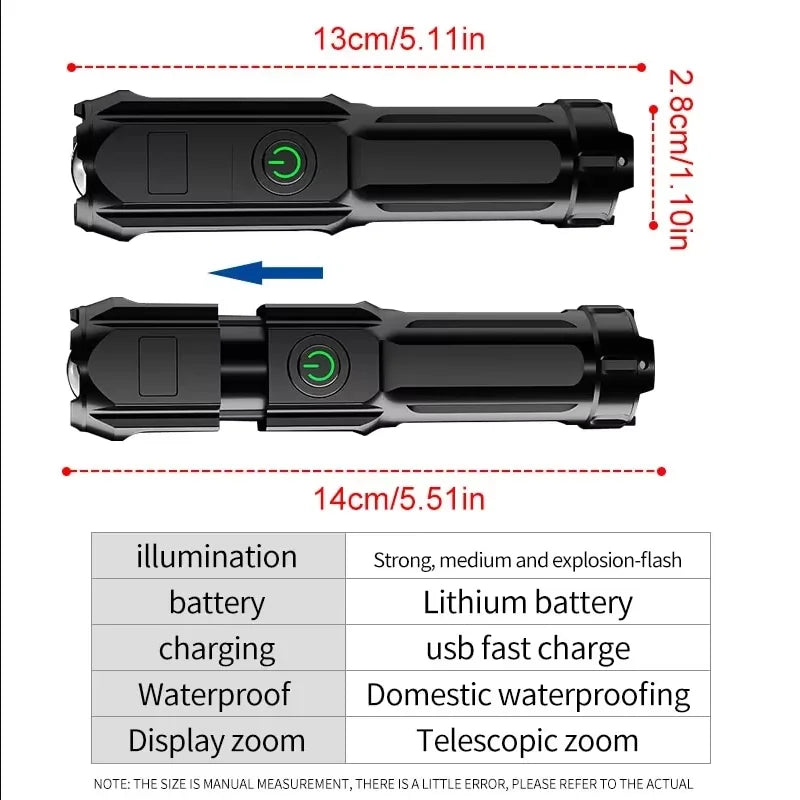 Lanterna Tática Led Recarregável USB Ultra Potente